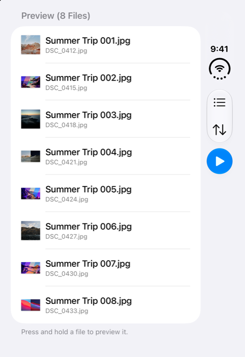 NameSake on iPhone Duo, closed: a single-column list of renamed files with Summer Trip 001 through 008.