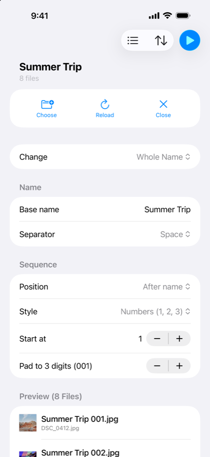 NameSake's sequence numbering rules on iPhone, with a live preview of eight renamed files.