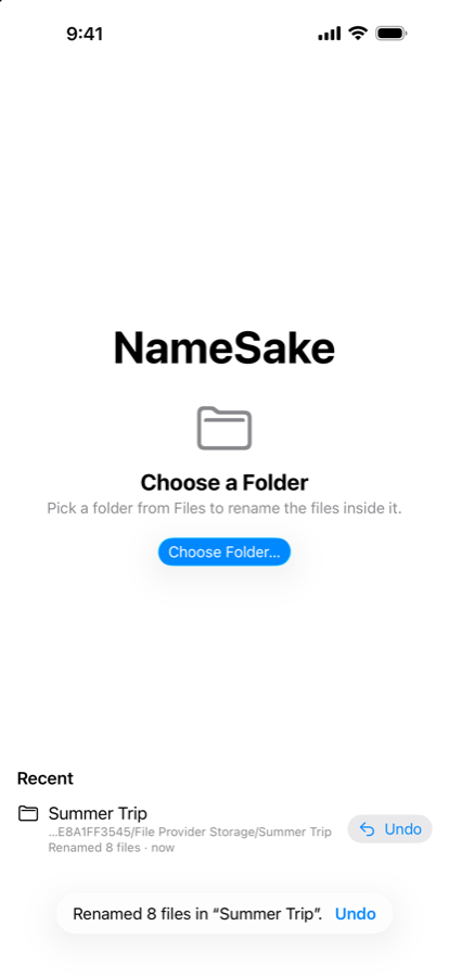 NameSake's start screen on iPhone after a rename, with an Undo option in the Recent list and in a confirmation toast.